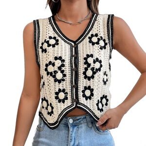Crochet Floral Vest in Black and Cream